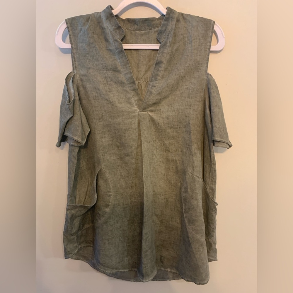 Linen Stylish Olive Green Cold Shoulder Dress/Tunic